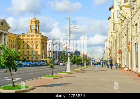 MINSK, BELARUS - JULY 17, 2019:People walking by central street - Independence avenue. Independence Avenue is the main street of Minsk, the capital of Stock Photo