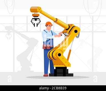 Robotics expert flat vector illustration. Industrial maintenance. Factory automated machine hand repairing. Manufactory male worker in hard hat 2D car Stock Vector