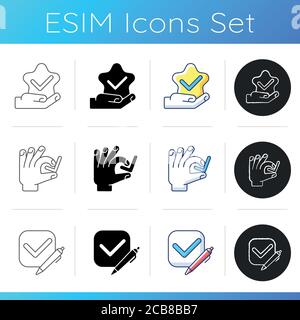 Review checkmark icons set. Customer service satisfaction. Customer approval. Right answer. Tick with pen in checkbox. Linear, black and RGB color sty Stock Vector