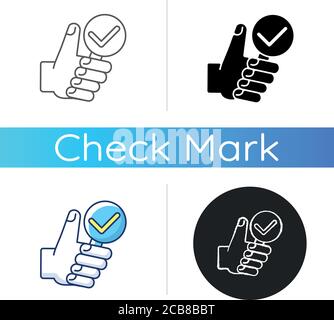Complete research icon. Thumbs up with magnifying glass. Vote for right answer. Accept and evaluate. Analysis inquiry. Linear black and RGB color styl Stock Vector