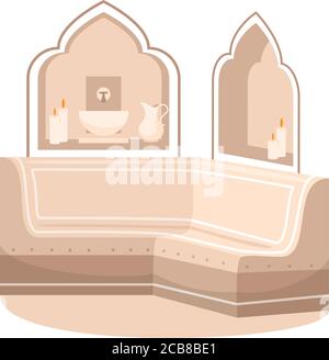 Bathhouse semi flat RGB color vector illustration. Hotel resort washing room. Oriental bathroom. Eastern antique salon. Luxury marble sauna isolated c Stock Vector