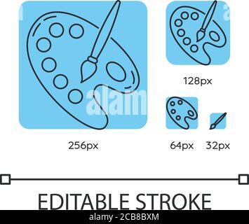 Art palette blue linear icons set. Creative hobby, crafting. Artist equipment. Painter tool. Thin line customizable 256, 128, 64 and 32 px vector illu Stock Vector