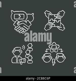 Teamwork skills chalk white icons set on black background. Business negotiation, team building, conflict resolution and influencing. Self development. Stock Vector