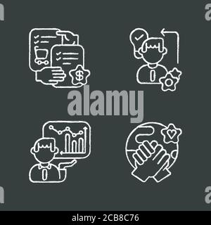 Business skills chalk white icons set on black background. Professional competence. Selling skills, workers diligence, corporate presentation and tole Stock Vector