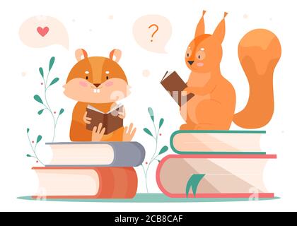 Animals reading vector illustration. Cartoon flat clever beaver and squirrel booklover reader characters sitting on books stack, reading storybook and thinking, animalistic concept isolated on white Stock Vector