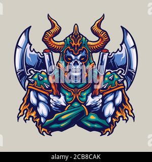 Skull Viking Helmet and axe Warrior Illustrations for merchandise and design clothing line Stock Vector