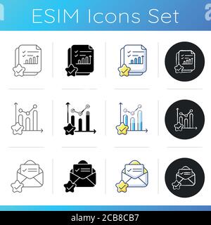 Data research completed icons set. Positive review. Report on growing financial chart. Mail received. Statistic progress. Linear, black and RGB color Stock Vector