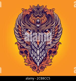 King Owl Colorfull Ornaments Illustrations for merchandise sticker Clothing Line Brand and fashions Stock Vector
