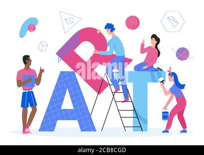 Art word vector illustration. Cartoon flat tiny designer team people create and work together, artist characters paint big letters, creativity art concept design with decor element isolated on white Stock Vector