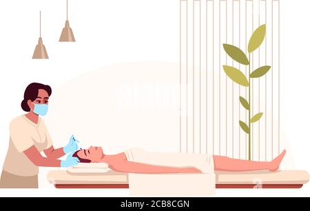 Beauty treatment semi flat RGB color vector illustration. Spa therapy. Facial cosmetic injection. Salon procedure. Beautician with female customer iso Stock Vector