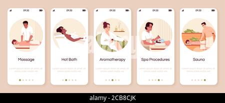 Spa resort procedures onboarding mobile app screen vector template. Hot bath. Aromatherapy for wellbeing. Walkthrough website steps with flat characte Stock Vector