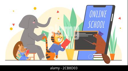Animals in online school education vector illustration. Cartoon flat elephant hedgehog tiger beaver student characters study in virtual classroom, mobile distance schooling concept isolated on white Stock Vector