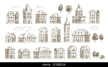 Hand drawn historic buildings set. Vintage sketch of architecture Stock Vector