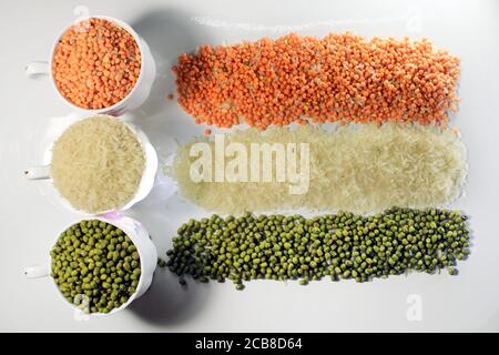 15 August India Independence Day concept, Indian flag made by grains isolated on black background. Indian National Flag tricolor from pulse. Stock Photo