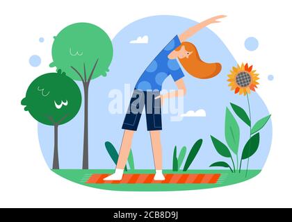Yoga sport outdoor activity flat vector illustration. Cartoon active young woman character doing yoga exercises, practicing yoga poses and stretching, healthy lifestyle wellness isolated on white Stock Vector