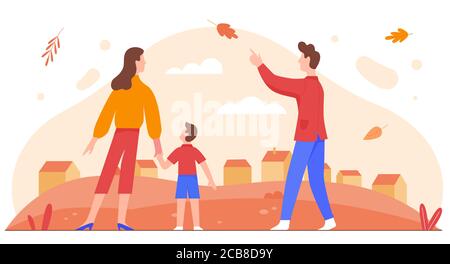 Family people enjoying city autumn vector illustration. Cartoon flat parents and kid characters spend time together, enjoy autumnal cityscape with falling leaves, happy parenthood isolated on white Stock Vector