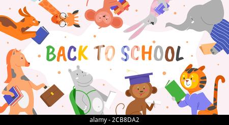 Back to school, education concept vector illustration. Cartoon flat cute happy wild animal characters holding school bag, book and textbook with back to school lettering text, educational background Stock Vector