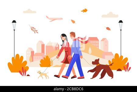 People walk in autumn city day vector illustration. Cartoon flat happy man woman lover couple characters holding hands, walking with pet dogs in autumn cityscape, love relationship isolated on white Stock Vector