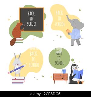 Animals back to school lettering concept vector illustration set. Cartoon flat animalistic cute characters collection with beaver penguin hare elephant learning lessons and schooling isolated on white Stock Vector