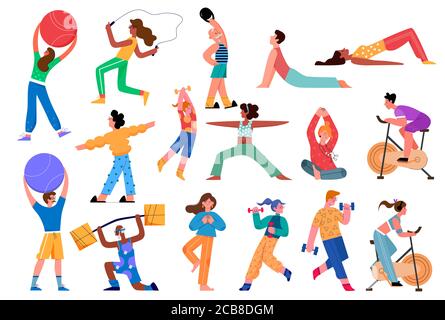 Sport activity vector illustration set. Cartoon flat active sportsman collection with man woman character doing yoga asana, fitness exercises with dumbbells in gym, healthy lifestyle isolated on white Stock Vector