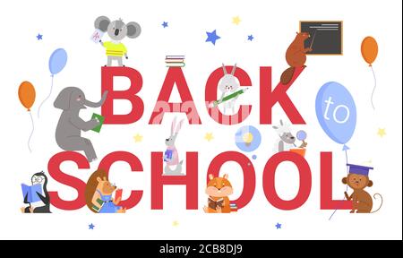 Back to school text motivation education concept vector illustration. Cartoon flat animal student characters schooling, standing and sitting with book or textbook next to big letters isolated on white Stock Vector