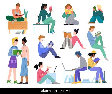 People study vector illustration set. Cartoon flat active school or university student collection with young man woman characters read book or textbook, do homework lesson on laptop isolated on white Stock Vector