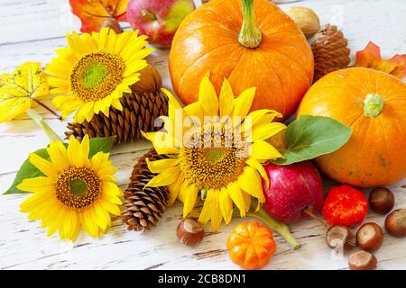 Autumn, fall, Thanksgiving concept. Pumpkins, sunflowers, apples and fallen leaves on rustic wooden table. Stock Photo