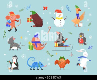 Animal celebrate Christmas vector illustration set. Cartoon hand drawn zoo collection with wildlife animal xmas characters greeting and celebrating winter holidays with gifts, flags, festive clothing Stock Vector