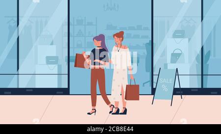 Woman shopping flat vector illustration. Cartoon happy young beautiful fashionable girl friend characters with shopper bags walking next to clothing stores shopwindows. Fashion shop sales background Stock Vector