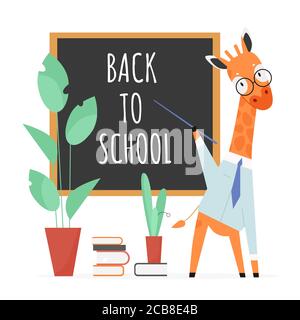 Back to school concept vector illustration. Cartoon flat giraffe teacher character with pointer and glasses standing at school blackboard, teaching animal students, education concept isolated on white Stock Vector