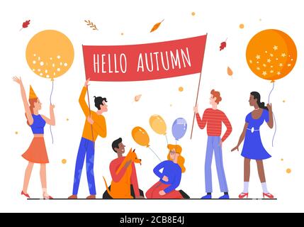 Hello autumn concept vector illustration. Cartoon flat happy people holding autumnal poster and balloons among falling seasonal yellow leaves, celebrating fall season together isolated on white Stock Vector