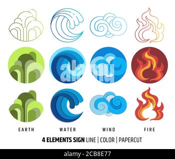 Four element icon in line art, flat, paper cut design. With earth, water, wind ,fire sign. Stock Vector