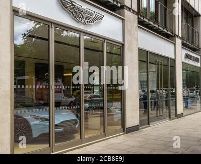 London, England - June 2018:  Exterior view of the Aston Martin car showroom on Park Lane in central London Stock Photo