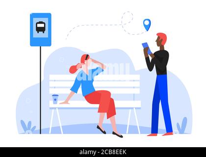 Passenger people wait in bus stop vector illustration. Cartoon flat man woman characters waiting for bus public transport, search route using smartphone map app, city transportation isolated on white Stock Vector