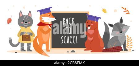 Animals in school education vector illustration. Cartoon flat animalistic cute characters, raccoon fox cat beaver standing with blackboard and back to school text schooling concept isolated on white Stock Vector