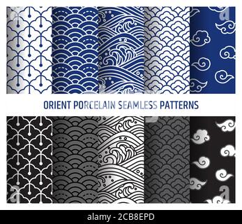 Oriental porcelain seamless line art patterns vector illustration. Asian wave and cloud background. Stock Vector