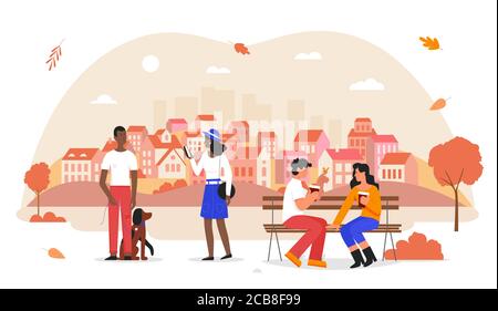 People in autumn city vector illustration. Cartoon flat happy man woman character walking with dog, couple dating, sitting on bench with hot coffee in hands, autumnal urban city park isolated on white Stock Vector