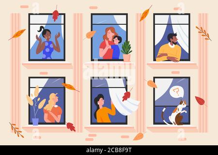 People in facade building windows vector illustration. Cartoon flat man woman neighbour characters living in neighboring home apartments, enjoying autumn good weather. Happy neighbourship background Stock Vector
