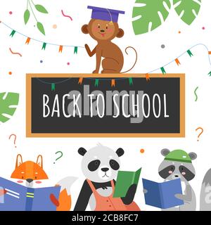 Animal education concept vector illustration. Cartoon flat animalistic student characters study and read books, back to school text written in chalk on classroom blackboard, educational background Stock Vector