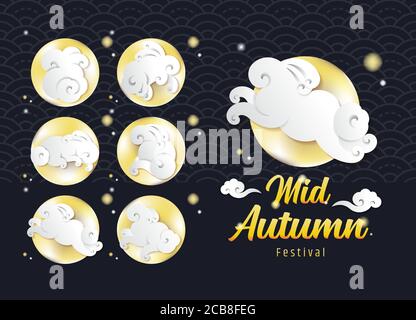 Mid autumn festival design template. Rabbit, bunny in cloud shape and the full moon gradient style isolated on seamless water wave background. Stock Vector