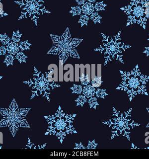 Beautiful seamless Christmas background with various complex shining blue snowflakes on black. Modern flat design. Holiday Wallpaper. Winter infinite Stock Vector