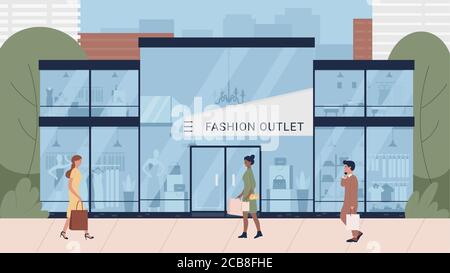 People shopping flat vector illustration. Cartoon man woman consumer buyer characters holding shopper bags, go to buy clothes at clothing fashion shop store on seasonal sale discounts background Stock Vector