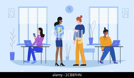 People in business office flat vector illustration. Cartoon woman colleague group of characters talk on break, office workers communicate using laptop, smartphone, business communication background Stock Vector