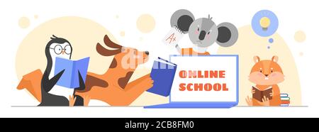 Animals study in online school classroom vector illustration. Cartoon flat penguin dog koala beaver student characters studying, reading book or textbook in animalistic class course isolated on white Stock Vector