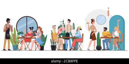 People in cafe flat vector illustration. Cartoon friend or couple characters sitting at tables, dining and talking, ordering dinner food from waiter in restaurant cafeteria interior isolated on white Stock Vector