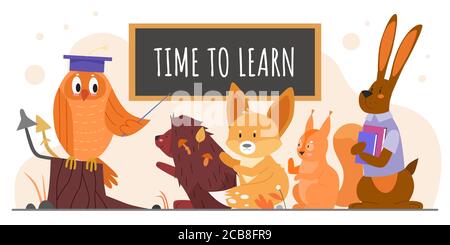 Animals study at school vector illustration. Cartoon flat owl teacher with pointer teaching wild forest pupil animal characters, hedgehog fox squirrel hare studying and schooling isolated on white Stock Vector