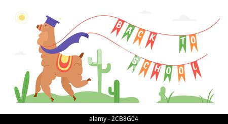 Back to school text motivation vector illustration. Cartoon flat wild happy llama or alpaca animal character in school graduate hat running with flags, creative education concept isolated on white Stock Vector