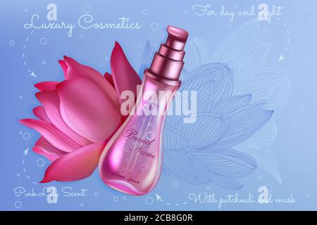 Luxury pink lotus lily perfume product pack vector illustration. Realistic 3d design for brochure catalog or magazine with perfume packaging spray bottle and beautiful natural lotus flower background Stock Vector