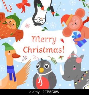 Merry Christmas invitation vector illustration. Cartoon flat cute animals greeting, celebrating Happy Christmas party event together, funny kid xmas celebration card with forest animals background Stock Vector