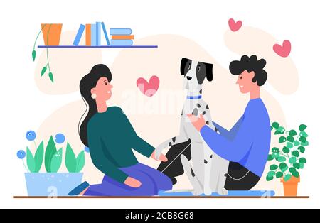 People owner with dog vector illustration. Cartoon flat happy young man woman hugs doggy, couple characters spend time together with own pet animal at home apartment, love to animals isolated on white Stock Vector
